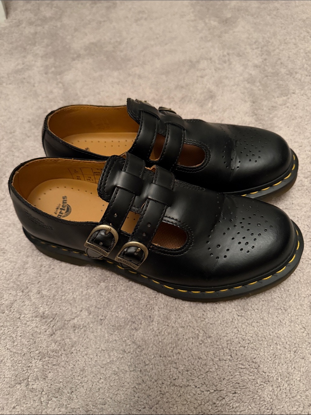 Dr. Martens Women’s Black Double-Buckle Mary Jane Shoes with Yellow Stitching